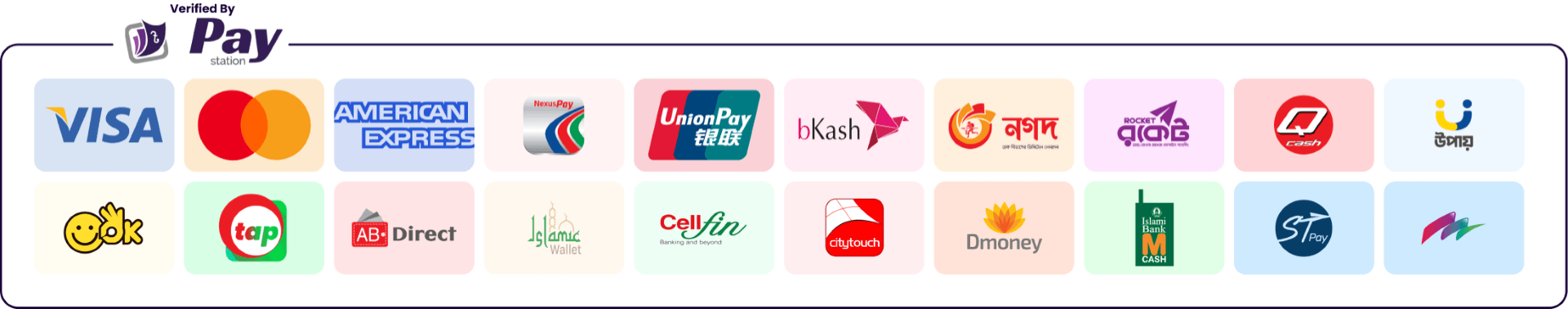 PayStation-এর মাধ্যমে সমর্থিত পেমেন্ট মাধ্যম — Visa, Mastercard, American Express, bKash, Nagad, Rocket, Upay, UnionPay সহ কার্ড, মোবাইল ব্যাংকিং ও ইন্টারনেট ব্যাংকিং